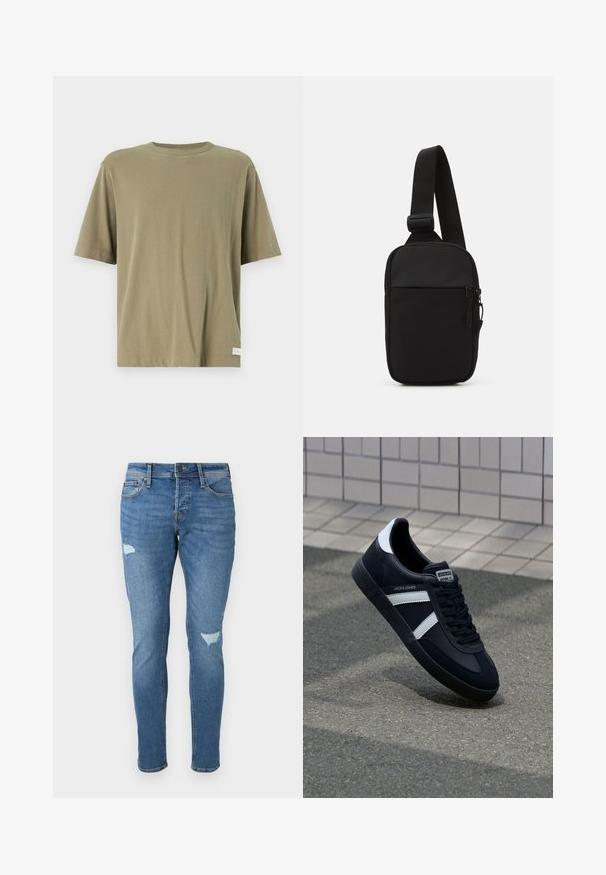 Abercrombie & Fitch PREMIUM CREW JOCKTAG - T-paita - mermaid; Haalarisin vaaleat siniset farkut, joissa on kapea malli. Farkuissa on kuluneet kohdat polvissa, nappisulku ja viisi taskua.; Mustat nahkakengät valkoisilla raidoilla, teksturoitu kumipohja ja nauha edessä. Varustettu merkkitarralla kielen päällä.; Musta olkalaukku, joka on valmistettu kestävästä kankaasta. Laukussa on yksi säädettävä olkahihna, vetoketjulla suljettava pääosasto ja etutasku.