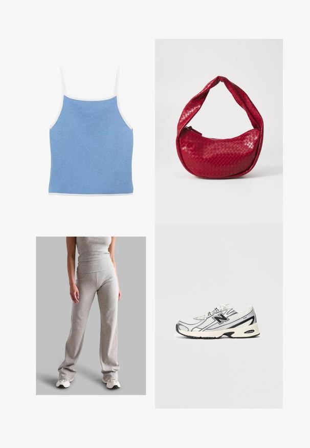 Light blue knit tank top with white trim, featuring thin shoulder straps and a fitted design with a smooth, textured surface.; Gray ribbed tank top and matching pants made from stretchy material. Pants have a flared design and are paired with light sneakers.; White and gray athletic sneaker with black "N" logo, mesh upper, cushioned sole, and lace-up design, shown on plain light gray background.; Red woven leather handbag with a curved, padded handle, zip closure, and a textured finish, featuring a shiny sheen throughout.