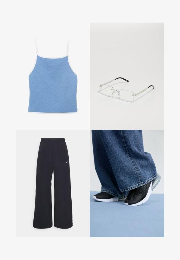Top tricotat de culoare albastră deschisă, cu borduri albe, având bretele subțiri și un design ajustat, cu o suprafață netedă și texturată.; Pantaloni negri, cu pantaloni largi, cu un brâu elastic și un mic logo alb Nike. Materialul are o textură netedă, conceput pentru confort și purtare casual.; Pantofi sport negri cu detalii din plasă, talpă albă și amortizare vizibilă, asortați cu blugi largi din denim albastru.; Ochelari rectangulari cu lentile clare, cu un cadru subțire din metal argintiu și vârfuri din acetat negru. Prezintă un hardware minim pentru un design elegant.; Geantă de umăr din piele neagră, cu o formă semicirculară, textură netedă și curea ajustabilă, având accente hardware subtile. Se observă închizătoarea cu fermoar.
