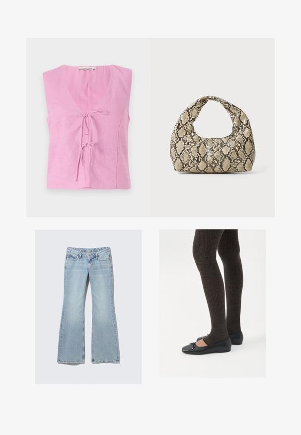 Růžový lněný top bez rukávů s výstřihem do V a nastavitelným zavazováním. Má volný střih a hladkou texturu. Značka viditelná na výstřihu.; Hnědý halter top vyrobený z hladké látky, s hlubokým výstřihem do V, nastavitelnými šňůrkami a předním vázáním pro přiléhavý vzhled.; Weekday NOVA - Džíny Slim Fit - lip blue; Černé ploché boty s malou mašlí na špičce, kombinované s tmavě hnědými žebrovanými punčochami. Boty mají hladký povrch a nízký profil.; Kabelka s hadím vzorem a zakřiveným držadlem. Vyrobena z texturovaných béžových a hnědých materiálů, s charakteristickým diamantovým vzorem.