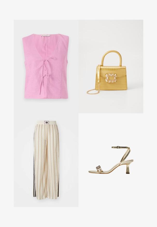 Roze linnen mouwloos topje met een V-hals en verstelbare striksluiting. Beschikt over een losse pasvorm en een gladde textuur. Etiket zichtbaar bij de halslijn.; Crème kleurige wijde broek met een zigzagpatroon, met een zwarte logo tailleband en zij zwarte strepen. Lichtgewicht, gestructureerde stof.; Gouden metallic hoge hak sandaal met enkelbandje, twee smalle voorbanden en een blokhak. Beschikt over decoratieve versieringen.; Geel faux-krokodillenhandtas met een gestructureerd ontwerp, bovenhandvat, afneembare kettingriem en decoratieve kristallen versiering op de sluiting.