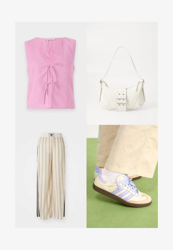 Pink linen sleeveless top with a V-neck and adjustable tie closure. Features a relaxed fit and smooth texture. Label visible at the neckline.; Cream-colored wide-leg pants with a zigzag pattern, featuring a black logo waistband and side black stripes. Lightweight, textured fabric.; Cream and lavender sneakers with three stripes and a textured brown sole, featuring laces and a padded heel. Soft fabric upper.; White shoulder bag with a textured finish, a central buckle accent, and a curved shape. Zipper closures on both sides.
