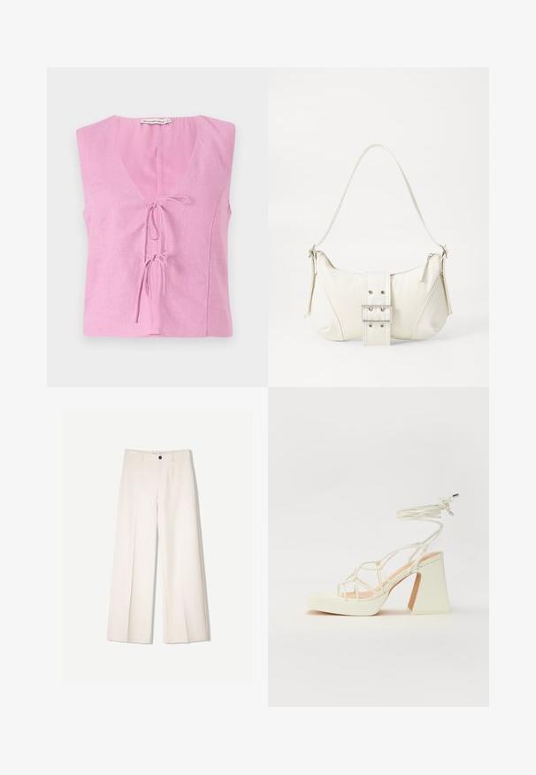 Ružičasti laneni bezrukavni top s V-izrezom i podesivim vezanjem. Ima opušteni kroj i glatku teksturu. Oznaka vidljiva na izrezu.; Kreme hlače širokih nogavica s krojem koji je prilagođen, s dva prednja džepa i jednim prednjim zatvaranjem na gumb, izrađene od glatkog materijala.; Bijela sandala na visokoj potpetici s debelim petom, s remenom i vezanjem oko gležnja. Glatka tekstura s platformom sprijeda za dodatnu visinu.; Bijela torbica s teksturiranim završetkom, središnjim detaljem kopče i zakrivljenim oblikom. Rajsferšlusi sa svake strane.