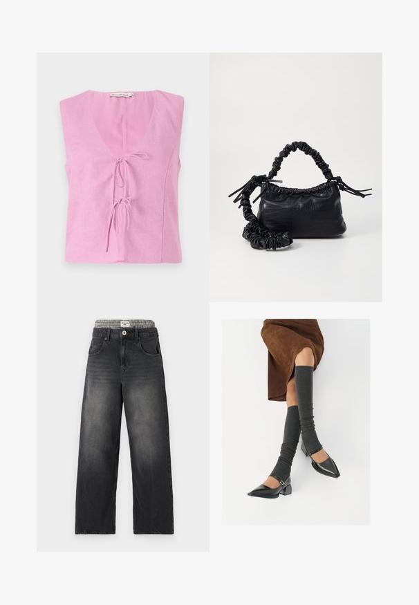 Pink linned sansærmet top med V-hals og justerbar bindingsløsning. Har en afslappet pasform og glat tekstur. Mærket synligt ved halsudskæringen.; Sorte denim bredbenede jeans med et houndstooth-mønster i taljen. Funktioner inkluderer sidelommer og en knaplukning. Slidt tekstur.; Sorte patenterede lædersko med spids tå, blokhæl og ankelrem, kombineret med grå ribbede benvarmere og en brun ruskinds nederdel.; Sort kunstlæder håndtaske med krokodilteksur, indsnøret top og en sammenkrøben rem. Ser blød og kompakt ud i designet.