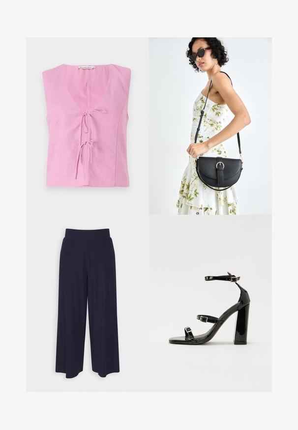 Rosa Leinen-Sommeroberteil ohne Ärmel mit V-Ausschnitt und verstellbarem Bindeband. Es hat eine lockere Passform und eine glatte Textur. Das Etikett ist am Ausschnitt sichtbar.; Weit geschnittene Hosen aus dunkelnavy Stoff mit strukturiertem Rippendesign. Merkmale sind ein glatter Hosenbund und eine luftige Silhouette, die bis zur Mitte der Wade reicht.; Schwarze patentierte Sandalen mit Absatz, quadratischer Spitze, Knöchelriemen und silbernen Schnallen. Mit einem stabilen Blockabsatz für mehr Stabilität.; Schwarze Lederhandtasche mit geschwungener Form, abnehmbarem Tragegurt und goldenen Beschlägen. Die Tasche verfügt über einen Deckel mit einer Schnallen-Details.