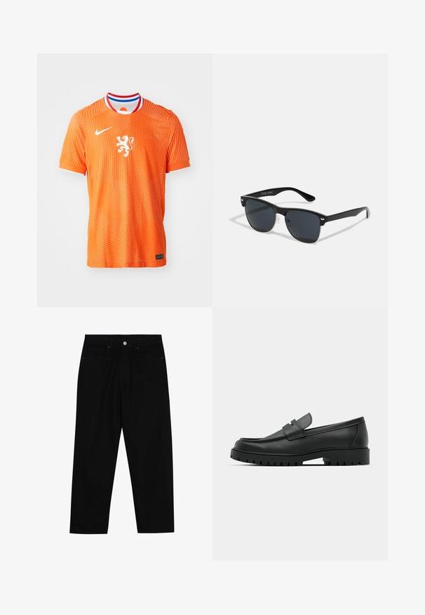 Oranžna športna majica iz zračnega materiala z pikčasto obleko, okroglim izrezom in rdečimi, belimi ter modrimi dodatki ter emblemom leva.; Črne denim hlače z ravnim krojem, petimi žepi in sprednjim gumbom. Gladka tekstura z minimalnimi šivi.; Črne usnjene loafers čevlje z zaobljenim nosom, ki imajo šivano zasnovo, nizko platformo in teksturiran, profiliran gumijast podplat.; Črne sončne naočare pravokotne oblike, temna leča, srebrni detajli na ušesih in mat površina na okvirju.