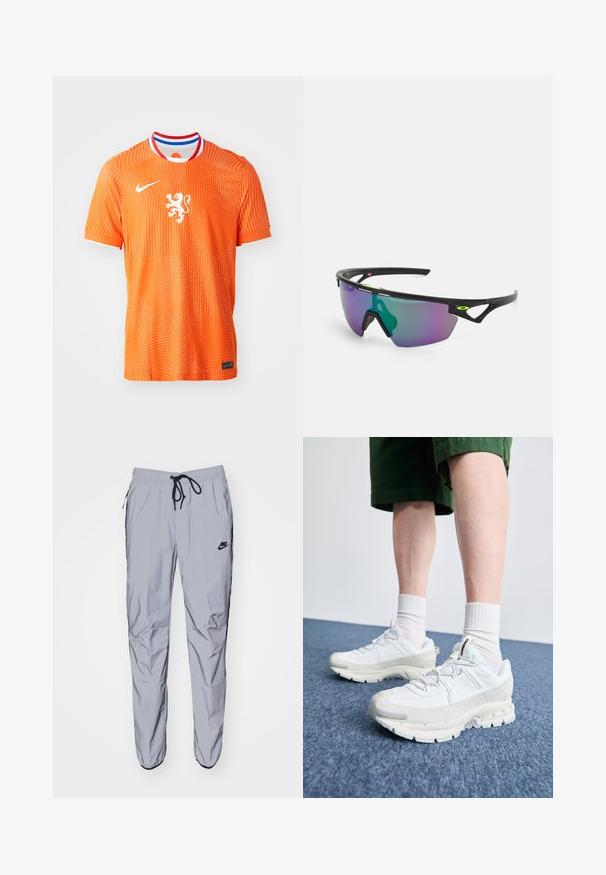 Oranje sportshirt van ademend materiaal met een stippenpatroon, ronde halslijn met rode, witte en blauwe accenten, en een leeuwembleem.; Lichtgrijze sweatpants van glad, lichtgewicht materiaal met zwarte accenten. Voorzien van een elastische tailleband met trekkoord en zijzakken.; Witte sportieve schoenen met textuuroverlays, een dikke zool en grijze accenten. Draag ze met witte crew-sokken en groene shorts op een blauwe ondergrond.; Sport zonnebril met een zwart montuur, grote verlooplenzen met paarse en groene tinten, en hoekige ontwerpaccenten met logo-details.