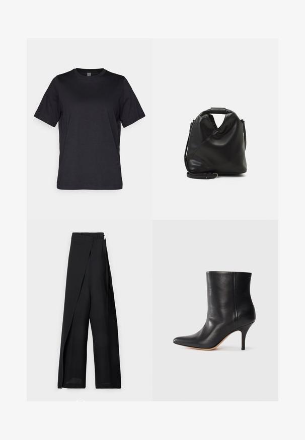 Μαύρη βαμβακερή μπλούζα T-shirt με κοντά μανίκια, λαιμόκοψη και απλή σχεδίαση. Απαλή υφή και ευθείς γραμμή στο στρίφωμα.; Μαύρα παντελόνια με φαρδιά πόδια και σχέδιο περιτυλίγματος, διαθέτοντας ομαλή υφή, ψηλή μέση και λεπτομέρεια με κορδόνι στο πλάι. Κατασκευασμένα από ελαφρύ ύφασμα.; Μαύρη δερμάτινη μπότες στον αστράγαλο με μυτερή μύτη, λεπτό τακούνι στιλέτο και ομαλή υφή. Μινιμαλιστικός σχεδιασμός χωρίς ορατά αξεσουάρ ή λεπτομέρειες.; Μαύρη, μαλακή δερμάτινη τσάντα με μοναδικό ελικοειδή σχεδίαση. Διαθέτει κοντή λαβή και αποσπώμενος ιμάντας ώμου. Μινιμαλιστικός στυλ.