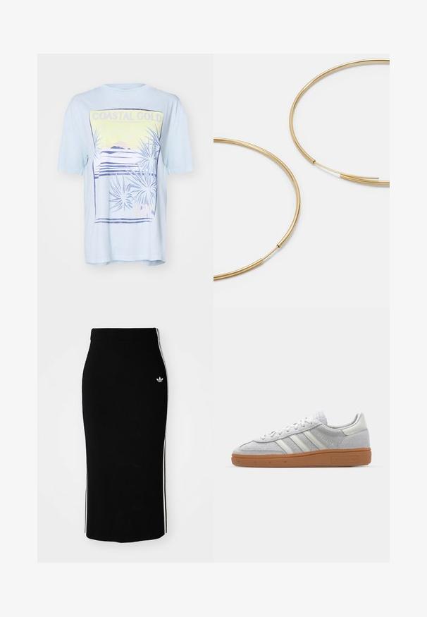 Lyseblå kortærmet t-shirt med et kystnært grafisk tryk, der viser palmeblade, bjerge og teksten 'COASTAL GOLD' i gul og lilla.; Sort ribbet midi-nederdel med en tætsiddende design, der har hvide sidelister og et lille hvidt emblem på venstre side.; Lys grå ruskinds sneaker med hvide læderdetaljer, tre hvide striber og en brun gummisål, der har en polstret krave for komfort.; Guldfarvede hoops øreringe, tynde og runde i formen, med en glat metallisk finish uden udsmykninger eller mønstre.