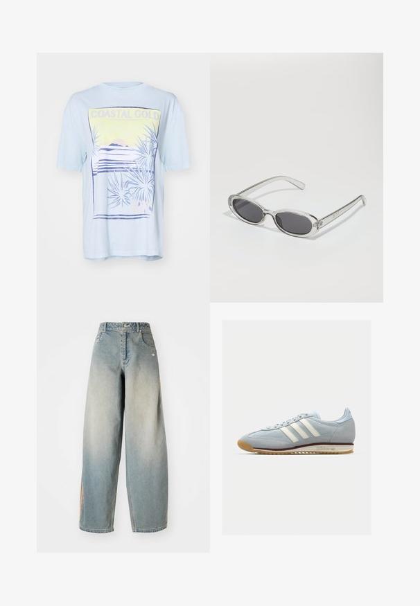 Šviesiai mėlyna trumpa rankovė marškinėliai su pakrančių grafiniu piešiniu, kuriame pavaizduoti palmės lapai, kalnai ir geltonai bei purpuriškai užrašas 'COASTAL GOLD'.; Šviesiai mėlynos džinsinės plačios kojos kelnės su nusidėvėjusiu paviršiumi. Yra priekiniai kišenės, mygtuko uždarymas ir subtilus logotipas ant liemens juostos.; Šviesiai mėlyni veliūriniai sportbačiai su baltomis trimis juostelėmis, guminis pado ir tekstūruota tinklinė medžiaga. Yra glotnus pirštų dangtelis ir ženklas ant kulno.; Akiniai nuo saulės ovalo formos, su skaidriu plastiko rėmu, tamsiai pilkais objektyvais ir plonomis skaidriomis šakėmis, dekoruotais logotipų akcentais ir minimaliais detalėmis.