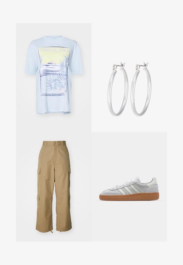 Light blue short-sleeve t-shirt with a coastal graphic print featuring palm leaves, mountains, and 'COASTAL GOLD' text in yellow and purple.; Beige cargo pants with a high waist, wide legs, and four large side pockets. Made of durable fabric with a smooth texture and minimal detail.; Light grey suede sneaker with white leather accents, three white stripes, and a brown rubber sole, featuring a padded collar for comfort.; Silver hoop earrings with a smooth, polished finish. Round shape and secure click-top closure. Lightweight design suitable for everyday wear.