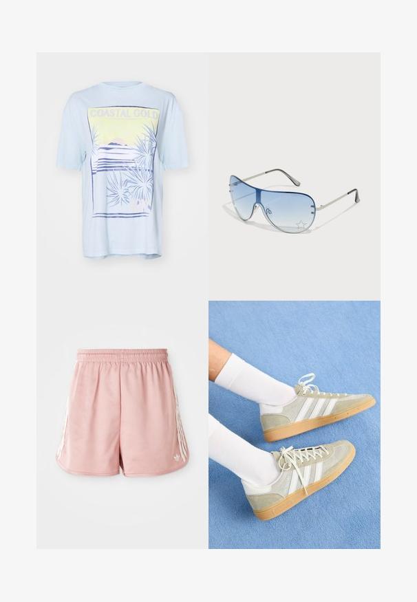 Šviesiai mėlyna trumpa rankovė marškinėliai su pakrančių grafiniu piešiniu, kuriame pavaizduoti palmės lapai, kalnai ir geltonai bei purpuriškai užrašas 'COASTAL GOLD'.; Rožinės sportinės šortai su elastinga juosmena, šoninėmis baltomis juostelėmis ir mažu logotipu kairėje priekyje. Lygi medžiagos tekstūra.; Šviesiai pilki zomšiniai sportbačiai su baltais guminiais akcentais, turintys tris baltas juosteles ir guminius padais, dėvimi su baltais kojiniais mėlyname fone.; Aviatoriai akiniai su gradientiniais mėlynais objektyvais, sidabriniu metaliniu rėmu ir dekoratyvinėmis žvaigždžių akcentais ant objektyvų. Lygaus ir stilingo dizaino.