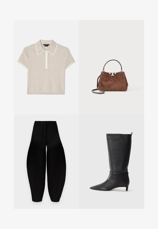 Alice + Olivia MEDA - Polo - oatmeal heather/soft white; Calças largas pretas com uma cintura alta, frente plissada e tornozelos afunilados. Feitas de um tecido suave com um acabamento mate.; Bota preta de couro até ao joelho com bico fino, realçada por uma tira circular ao redor do tornozelo e um salto baixo e afunilado. Textura suave.; Bolsa de camurça castanha com um formato estruturado,Hardware de logotipo prateado, alça curta e uma alça de ombro destacável. Textura suave, design minimalista.