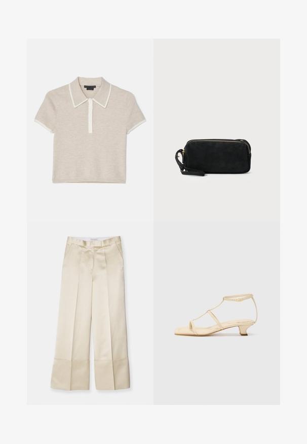 Alice + Olivia MEDA POLO mleczny; Beżowe spodnie szerokie w gładkim materiale z wysokim stanem, plisowanym przodem i zawiniętym dołem, z kieszeniami bocznymi i czystym wykończeniem.; Beżowe sandały na obcasie z designem T-strap, kwadratowym noskiem, regulowanym paskiem na kostce i niskim, blokowym obcasem. Wykonane z gładkiej skóry.; Czarna zamszowa kopertówka z zapięciem na zamek i odpinanym paskiem na nadgarstek. Wyposażona w elementy w kolorze złotym oraz gładką, matową fakturę.