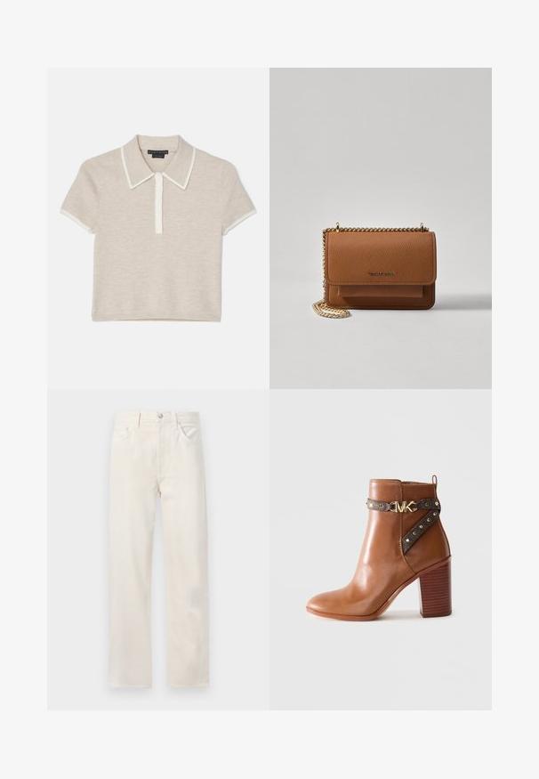 Alice + Olivia MEDA - Polo - oatmeal heather/soft white; Jeans de ganga de perna reta em tom off-white, com cinco bolsos, passantes para cinto e fecho de botão e zíper na cintura.; Bota de tornozelo em couro castanho com salto bloco empilhado, tira lateral com studs dourados e fivela com o logotipo "MK" dourado.; Bolsa crossbody de couro texturizado castanho com alça de corrente dourada e fecho com aba. A parte da frente apresenta detalhe do logótipo e um bolso sob a aba.
