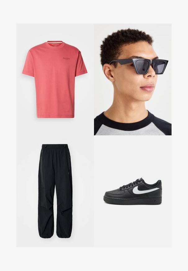 Rosa bomulls t-skjorte med rund hals, korte ermer og en liten svart logo på venstre bryst. Myk tekstur og avslappet passform.; Sorte lettvekts cargo-bukser i svart med elastisk midje, sidelommer med glidelås og romslige lommer. Har en løs passform og innsnørede mansjetter.; Svarte Nike Air Force 1-sneakers med overdel i glatt lær, hvit logoaccent, perforert tå og teksturert gummisåle.; Sorte, vinklede solbriller med mørke linser, med et dristigt geometrisk design og en mat finish. Båret af en person med kort hår.