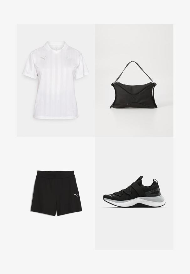 Biele polo tričko s jemným pruhovaným vzorom, krátkymi rukávmi a golierom. Obsahuje malé zlaté logo a kruhovú nášivku na hrudi.; Čierne šortky vyrobené z rebrovanej tkaniny, s širokým elastickým pásom a malým bielym logom Puma na dolnej ľavej strane.; Čierne športové topánky s textúrovaným zvrškom, elastickými pásikmi a hrubou bielou medzipodrážkou. Obsahujú sivý akcent pozdĺž podrážky.; Čierna kabelka s mäkkým, textúrovaným materiálom. Má vlnitý dizajn, jeden ramenný popruh a jemný detail loga na prednej strane.