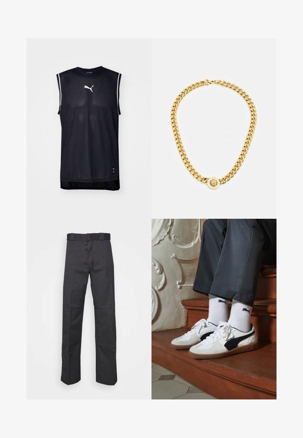 Juodas be rankovių sportinis marškinėlis su tinklelio tekstūra, kuriame yra baltas Puma logotipas ir akcentinės juostelės ant pečių.; Juodos kelnės, pagamintos iš patvarios medžiagos, su tiesiais kaire, juosmeniu su diržo kilpomis ir siūlėmis, suteikiančiomis tekstūrą.; Puma sportbačiai baltoje ir juodoje zomšo spalvų derinys, su rudu guminio pado apdaila. Derinama su baltais kojiniais, kuriuose pavaizduota juoda logotipas, dėvimi su tamsiomis kelnėmis.; Auksinė grandinė su dideliais susijungusiais žiedais, centruje uždedamas apskritas pakabukas su iškilnia emblema.