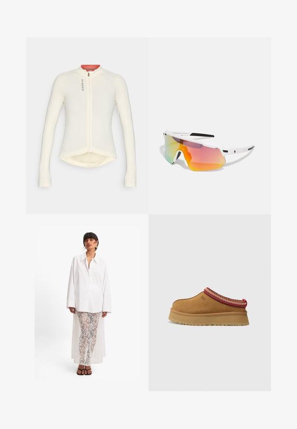 Maillot à manches longues blanc avec un col haut, fermeture éclair à l'avant et encolure intérieure rouge contrastante ; présente un ourlet légèrement arrondi.; Chemise blanche à manches longues, associée à un pantalon en dentelle blanche transparente avec un motif floral et un long drapé au dos. Sandales noires.; Chaussure slip-on en daim marron avec un bord en rouge et crème à motifs, semelle texturée et logo UGG sur le côté. Présente une légère hauteur de plateforme.; Sweet Protection SHINOBI UNISEX - Lunettes de soleil - rig topaz/satin white; Sac à main tissé couleur beige avec une poignée arrondie, fabriqué en cuir doux. Il comporte une fermeture éclair et un motif tressé complexe.