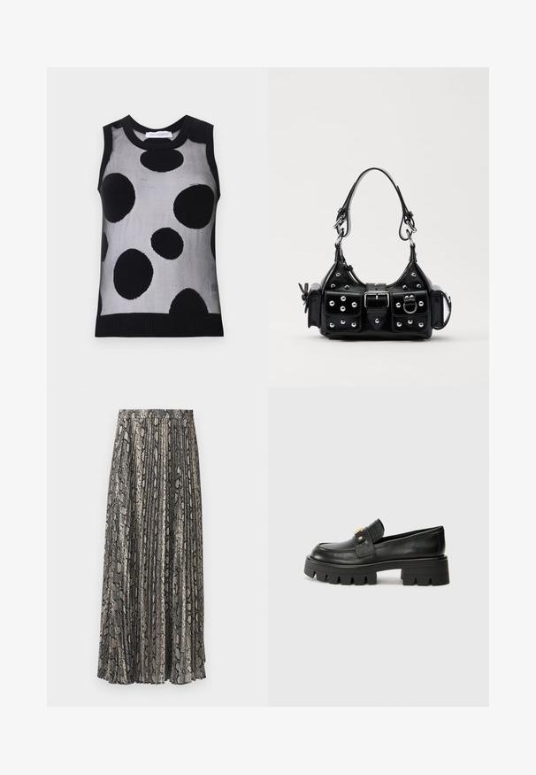 Top senza maniche a maglia nero e grigio con grandi pois neri su uno sfondo grigio chiaro. Collo e orlo a costine.; Gonna midi plissettata in stampa pitone, con tonalità di grigio, nero e beige. Realizzata in tessuto leggero con vita elastica.; Mocassini in pelle nera con suola spessa, caratterizzati da un accento dorato nella parte anteriore e una finitura liscia. Design della suola con profilo spesso.; Borsa a mano in pelle nera con design curvo, caratterizzata da borchie argentate, una fibbia e due tasche laterali. Tracolla regolabile per diverse opzioni di trasporto.