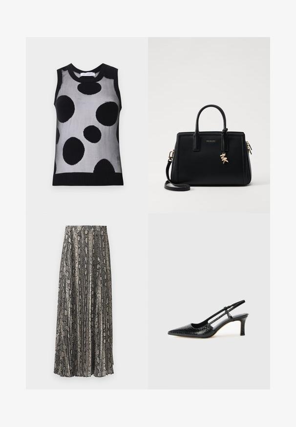 Črn in sivo brezrokaven pleten top z velikimi črnimi pikami na svetlo sivi podlagi. Rebrast izrez in rob.; Plisirana midi krila v vzorcu kače, v odtenkih sivo, črno in bež. Narejena iz lahkega materiala z elastičnim pasom.; Črne lakaste slingback pete s koničastim nosom, ki imajo teksturiran vzorec kačje kože, nastavljiv trak in kratek teksturiran blok peto.; Črna usnjena torbica s strukturirano zasnovo, dvema zgornjima ročajema, odstranjevanim naramnim trakom, zlatim okovjem in dodatkom z logotipom.