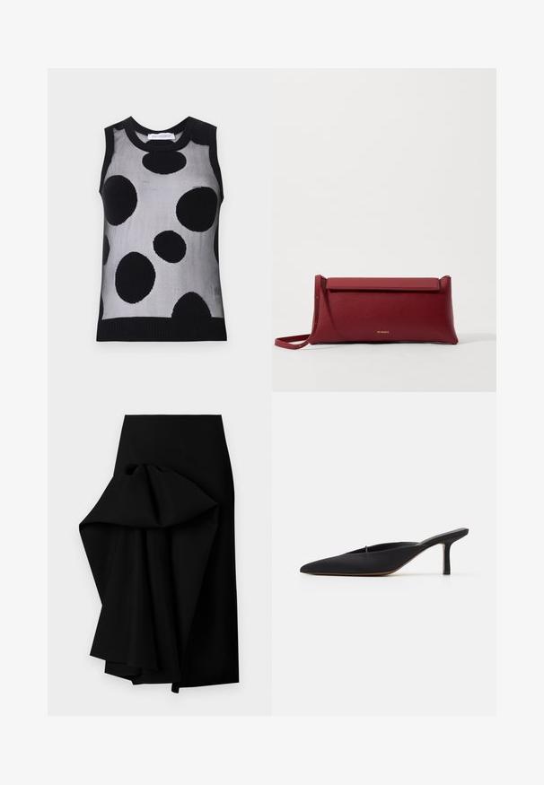 Black and gray sleeveless knit top featuring large black polka dots on a light gray background. Ribbed neckline and hem.; Black skirt made of smooth fabric, featuring an oversized draped design on one side, forming a high-low hemline.; Black pointed-toe mule with a sleek design, made of smooth fabric, featuring a slender heel and open back for easy wear.; Red leather clutch bag with a textured finish, featuring a flat fold-over top and a short strap. Subtle brand logo on the front.