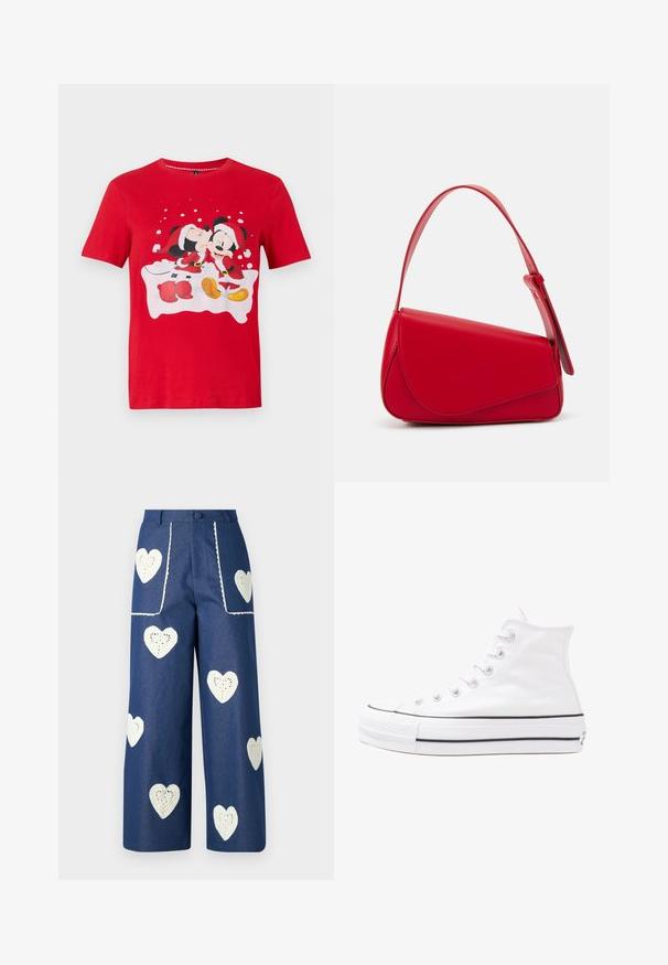 Rood T-shirt met korte mouwen, met Mickey en Minnie Mouse in kerstoutfits, waarbij Minnie Mickey een kus op de wang geeft met een sneeuwvlokachtergrond.; Sister Jane HEART TO HEART - Straight leg jeans - blue denim; Witte high-top canvas sneakers met een zwarte rubberen zool, een rubberen neuskap aan de voorkant en zes gaatjes voor veters, met een schone, minimalistische uitstraling.; Rode leren handtas met een hoekig, geometrisch ontwerp. Beschikt over een enkele verstelbare schouderriem en een klepclosure met gestikte details.