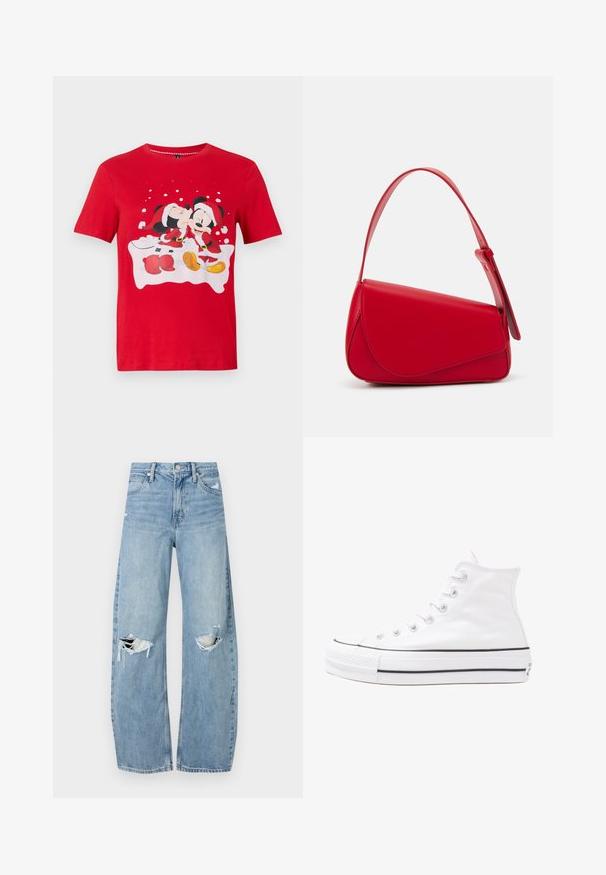 Red short-sleeve shirt with Mickey and Minnie Mouse dressed in Santa outfits, Minnie kissing Mickey on the cheek with snowflake background.; Light blue, high-waisted jeans made of denim. Feature wide legs, two torn knee areas, and classic five-pocket styling.; White high-top canvas sneaker with black rubber sole, front rubber toe cap, and six eyelets for laces, featuring a clean, minimalist design.; Red leather handbag with an angular, geometric design. Features a single adjustable strap and a flap closure with stitched detailing.