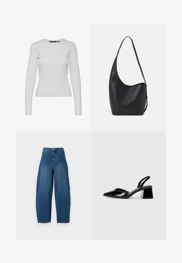 Heled halli pika varrukaga T-särk, mis on valmistatud pehmest puuvilla segu kangast. Omab ümmargust kaelust ja keha lähedast siluetti, ilma mustrite või aktsentideta.; Keskmise sinise tooniga teksad, millel on kõrge talje, lai jalaliik ja standardne viie taskuga disain koos nähtavate õmbluste detailidega.; Mustad musta lakknahk kingad, millel on terav varvas ja geomeetriline plokkkonts. Omab elegantselt minimalistlikku disaini ja sujuvat tekstuuri.; Mustast nahast hobo kott, millel on sile tekstuur, kumer kuju ja üks reguleeritav rihm; peal on lai avaus.