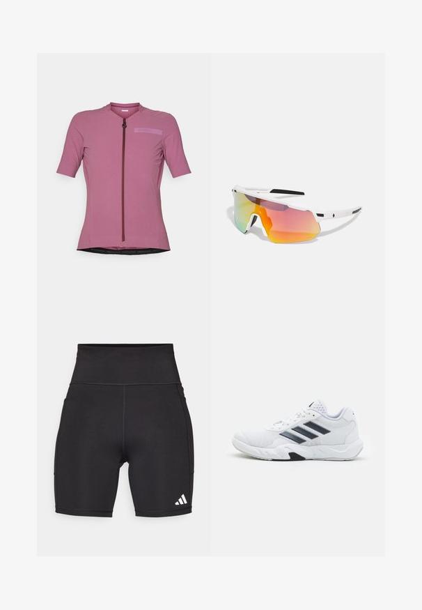 Κοντομάνικη μπλούζα ποδηλασίας σε ανοιχτό ροζ, με φερμουάρ μπροστά, υφή υφάσματος και λογότυπο σε ελαφρώς πιο σκούρο τόνο.; Μαύρα αθλητικά σορτς από εύκαμπτο ύφασμα. Ψηλή μέση, μήκος έως το μέσο του μηρού, με λευκό λογότυπο τριών γραμμών στην κάτω αριστερή πλευρά.; Λευκό αθλητικό παπούτσι με πλέγμα στην άνω επιφάνεια, τρεις μαύρες ρίγες στο πλάι, υφές με αντίθεση, και ανθεκτική καουτσούκ σόλα με μια αντιπαραβαλλόμενη μαύρη περιοχή.; Sweet Protection SHINOBI UNISEX - Γυαλιά ηλίου - rig topaz/satin white