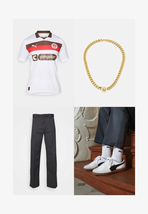 Biela futbalová dres so hnedými a červenými horizontálnymi pruhmi, s golierom, logom Puma a logom sponzora Congstar.; Čierne nohavice z odolnej tkaniny, s rovnými nohavicami, pásom s pútkami na opasok a švami pre zvýraznenie textúry.; Tenisky Puma v bielej a čiernej z semišu, s hnedou gumovou podrážkou. Kombinované s bielymi ponožkami s čiernym logom, nosené s tmavými nohavicami.; Zlatý náhrdelník s veľkými prepojenými článkami, ktorý má v strede okrúhly prívesok s vyvýšeným emblémom.