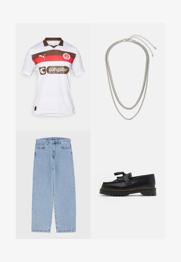 Bijela nogometna majica s smešnim i crvenim horizontalnim trakama, s ovratnikom, Puma logotipom i logotipom sponzora Congstar.; Svijetloplave traperice s ravnim nogavicama, sa srednjim strukom, pet džepova i zatvaranjem na dugme i patentni zatvarač.; Crna kožna loaferica s resicama, koja ima čvrst crni potplat i žute šavove duž ruba. Teksturirana završna obrada.; Necklace od tri sloja srebrnog metala s elegantnim, fleksibilnim lančićima blagog sjaja, zatvoren s karabinera i prilagodljivim lančićem.