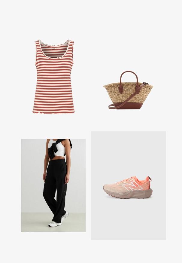 Gestreept tanktop met afwisselende dieprode en crème kleuren, geribbelde textuur, geschulpte halslijn en zoom.; Zwarte joggingsbroek met zijknopen, elastische tailleband en twee zijzakken. De stof lijkt zacht met een gladde textuur.; Trailrunschoenen in beige en koraal met een bovenwerk van mesh, een getextureerde zool, reflecterende accenten en een gevoerde tussenzool met het label "FuelCell."; Geweven rieten tas met bruin lederen accenten, twee handvatten en een afneembare schouderband. Gebogen vorm met een stevige basis.