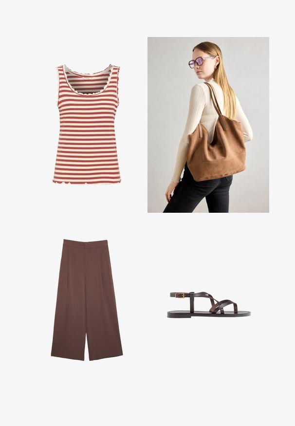 Prugasta majica bez rukava s izmjeničnim tamnocrvenim i krem bojama, rebrastom teksturom, izrezom u obliku valova i obrubom.; Rjave široke hlače z gladko teksturo, ki imajo visok pas in sprednje naborke. Tkanina je lahka in prosto pada.; Rjav usnjen sandal z načinom prečnega črta, zaklepom okoli gležnja in ravnim podplatom z minimalnimi šivi.; Rjava semišna torba z mehko teksturo, velikim odprtjem in dolgimi ročaji. Ima preprost dizajn z vidnim šivanjem in brez okovja.