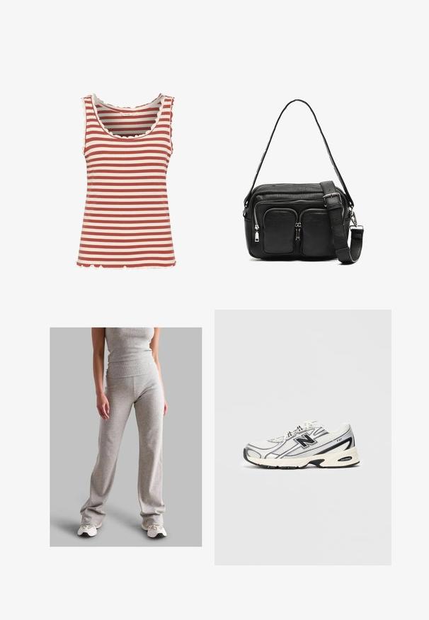Stribet tanktop med skiftende dyb rød og creamfarve, ribbet struktur, scallop-udskæring ved halsen og kanten.; Grå ribbet tanktop og matchende bukser lavet af strækbart materiale. Bukserne har en bred bunden design og er parret med lyse sneakers.; Hvid og grå atletisk sneakers med sort "N" logo, mesh-overdel, polstret sål og snørebåndsdesign, vist på en ensfarvet lys grå baggrund.; Sort læder crossover taske med to frontlommer med lynlås, en struktureret form, justerbar rem og tekstureret overflade.