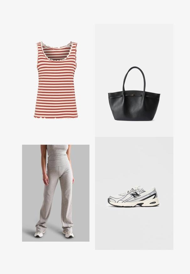 Gestreiftes Trägershirt mit abwechselnd tiefroten und cremfarbenen Streifen, geripptem Textur, gewelltem Ausschnitt und Saum.; Grau gerippter Tanktop und passende Hose aus dehnbarem Material. Die Hose hat einen ausgestellten Schnitt und wird mit schlichten Sneakern kombiniert.; Weißer und grauer Sportschuh mit schwarzem "N"-Logo, Obermaterial aus Mesh, gepolsterter Sohle und Schnürdesign, auf einem einfachen hellgrauen Hintergrund abgebildet.; Schwarze Tragetasche aus strukturiertem Leder, mit zwei Griffen, rechteckiger Form und einem kleinen goldenen Akzent auf der Vorderseite. Keine weiteren Details.