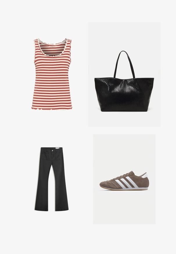 Pruhovaný top na ramínka s alternativními tmavě červenými a krémovými barvami, žebrovanou texturou, vlnitým výstřihem a lemem.; Černé rozšířené džíny vyrobené z jemného džínsového materiálu, se dvěma zadními kapsami a zapínáním na knoflík v pase.; Hnědá semišová sportovní bota s bílými pruhy, kulatou špičkou, šněrováním a gumovou podrážkou. Texturovaný svršek s švy.; Černá tkaná taška přes rameno s dvěma pevným uchy, má lesklou texturu a prostorný otevřený vrch.