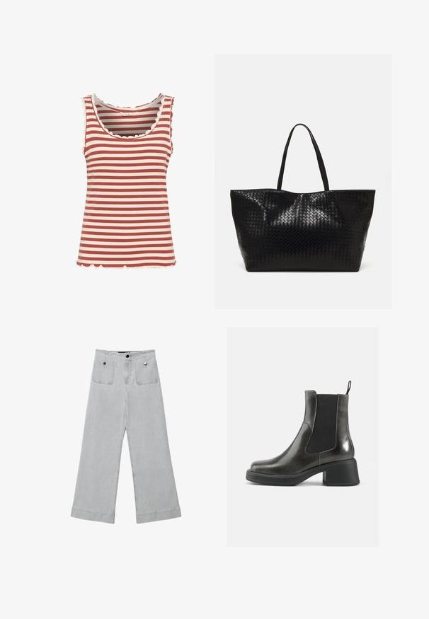 Striped tank top featuring alternating deep red and cream colors, ribbed texture, scalloped neckline, and hem.; Wide-leg trousers in light gray denim, featuring two front pockets, metal button closures, and a clean finish with hemmed edges.; Black leather ankle boots with a smooth finish, elastic side panels, and a chunky heel. Features a pull tab for easier wear.; Black woven tote bag with two sturdy handles, featuring a glossy texture and a spacious open top design.