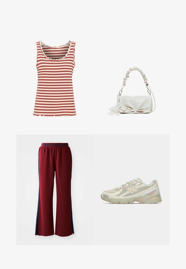 Striped tank top featuring alternating deep red and cream colors, ribbed texture, scalloped neckline, and hem.; Red sweatpants with a loose fit, featuring navy blue side stripes and a wide leg design. Elastic waistband for comfort.; Lightweight sneakers with a mesh upper in beige and cream, featuring a prominent "N" logo, cushioned sole, and textured accents.; White leather handbag with a ruched handle, bow detail on the front, and a floral accent attached. Smooth texture and rectangular shape.