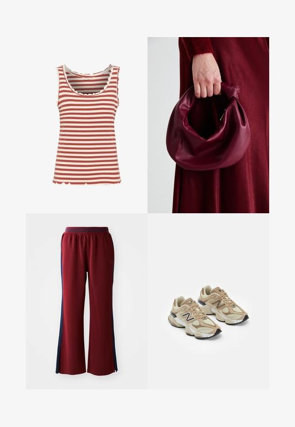 Gestreept tanktop met afwisselende dieprode en crème kleuren, geribbelde textuur, geschulpte halslijn en zoom.; Rode joggingbroek met een losse pasvorm, voorzien van navyblauwe zijkanten en een wijd pijpenontwerp. Elastische tailleband voor comfort.; Beige sneakers van mesh en nubuck materialen. Bevat een zwart logo en gegrandeerde accenten. Dikke witte tussenzool en zwarte rubberen buitenzool.; Bordeaux leren handtas met een zacht, gegathered ontwerp en een ronde vorm. De handgreep is stevig bevestigd en toont een gladde textuur.