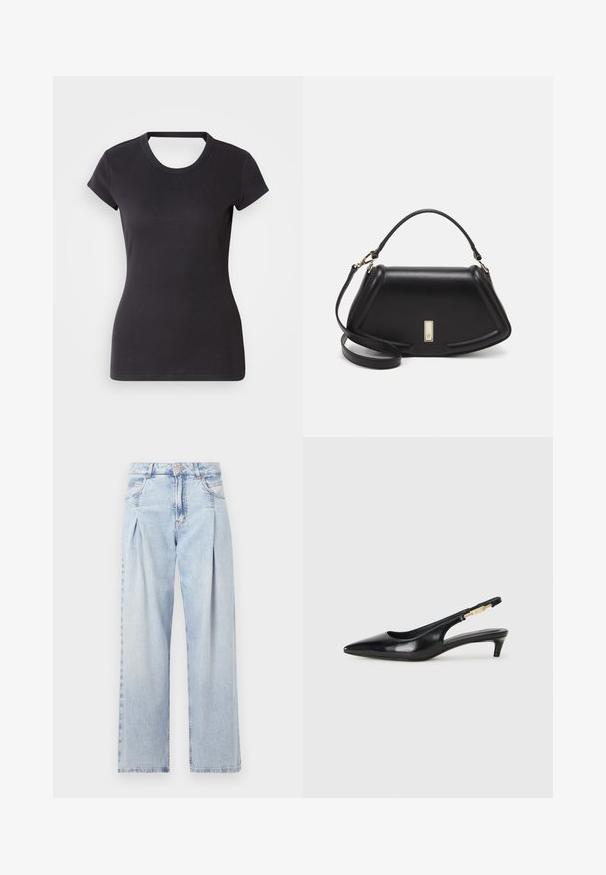 Juodas banguotas trumpomis rankovėmis marškinėliai su apvaliu iškirpimu ir mažuoju siuvinėjimu ant krūtinės. Švelni, tampri medžiaga su prigludusia forma.; Šviesiai mėlyni džinsai su aukštu liemeniu, plačiomis kojomis, dviem šoninėmis kišenėmis ir raukinių dizainu. Minkšta tekstūra su nudilusia apdaila.; Juodas odinis pavasario batelių modelis su smailiu nosiu, turintis siaurą kulniuką ir auksinės spalvos akcentu reguliuojamoje juostoje. Lygi tekstūra.; Juoda odinė rankinė su struktūrizuotu dizainu, turi trumpą formą, viršutinę rankeną ir auksinius akcentus. Pridėtas reguliuojamas peties diržas.