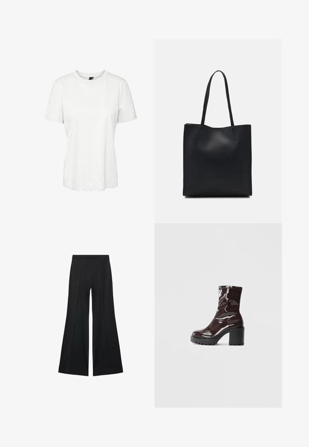 Biely krátky rukáv tričko vyrobené z bavlny s okrúhlym výstrihom a voľným strihom. Hladká textúra a žiadne viditeľné vzory alebo ozdoby.; Čierne široké nohavice s hladkou textúrou, s prednými záhybmi a elegantným strihom. Materiál je ľahký a pruhlý.; Lesklé burgundské kotníkové boty s robustním černým podpatkem, s hladkou strukturou a jednoduchým designem. Bez viditelných zapínání nebo vzorů.; Čierna kožená taška na rameno s hladkým povrchom, obdĺžnikovým tvarom a dvoma dlhými uchami. Bez viditeľného kovania alebo ozdôb.