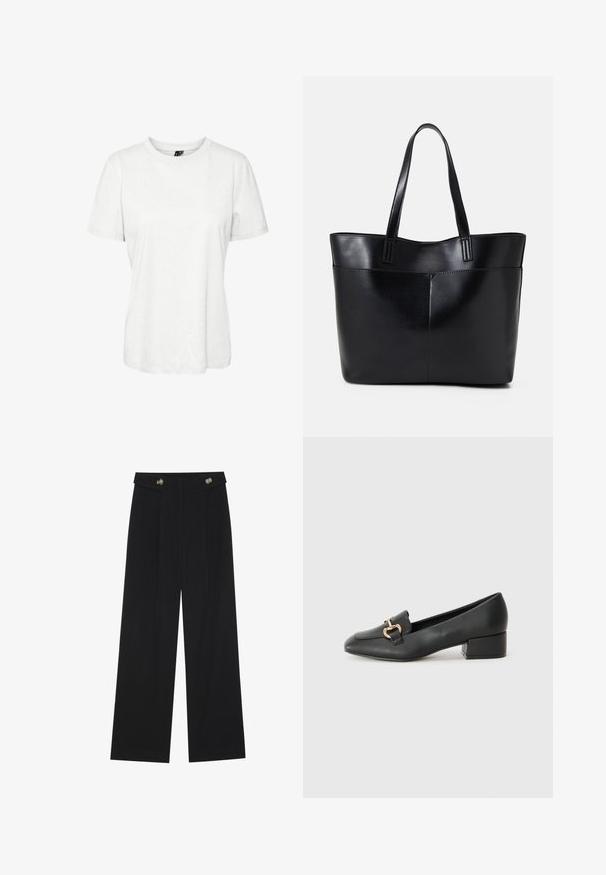 Weißes, kurzärmliges T-Shirt aus Baumwolle mit rundem Ausschnitt und lockerer Passform. Glatte Textur und keine sichtbaren Muster oder Verzierungen.; Schwarze weite Hosen mit hoher Taille, Knopfdetails am Bund und vorderen Falten.; Schwarze Lederloafers mit flachem Absatz, die auf der Vorderseite ein dekoratives goldfarbenes Hardware-Detail und eine glatte Textur aufweisen.; Schwarze Leder-Shopper-Tasche mit zwei langen Griffen, einer glatten Textur und einer strukturierten Form. Verfügt über eine Vordertasche für zusätzlichen Stauraum.