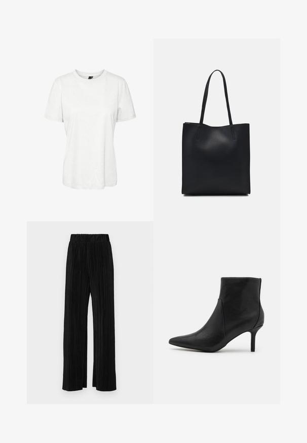 Valkoinen lyhythihainen t-paita, joka on valmistettu puuvillasta. Pyöreä pääntie ja rento malli. Sujuva pinta ilman näkyviä kuvioita tai koristeita.; Mustat pleatatut housut, joissa on joustava vyötärö. Ominaisuuksiin kuuluvat leveät lahkeet ja sileä, teksturoitu kangas, jossa on pystysuoria raitoja.; Anna Field Nilkkurit - black; Mustapahkainen kangaskassi, jossa on sileä pinta, suorakaiteen muotoinen ja kaksi pitkää kahvaa. Ei näkyvää metalliosaa tai koristeita.