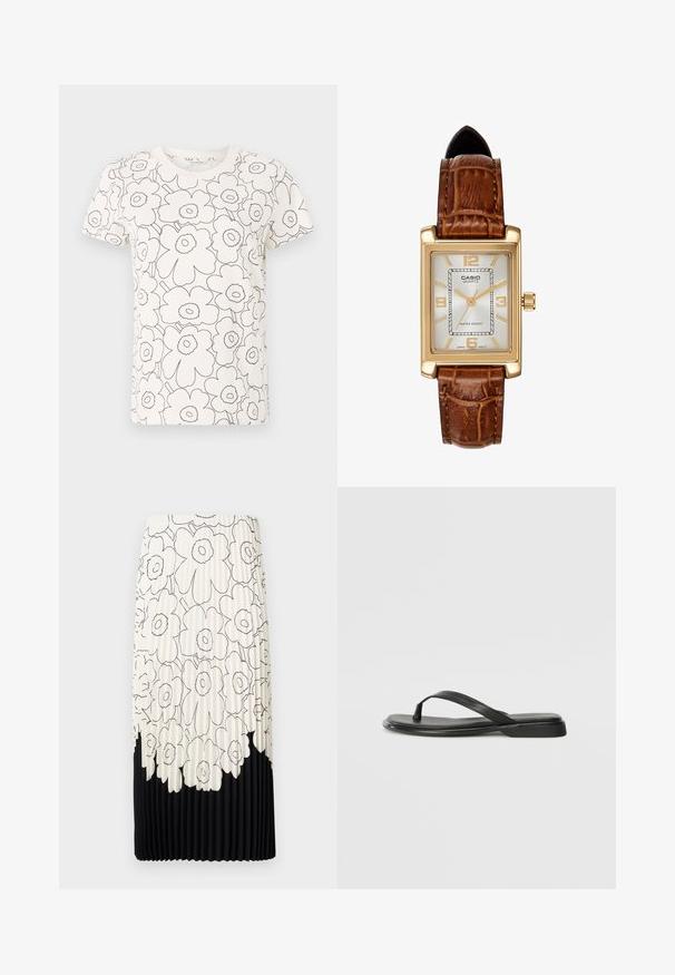 Witte T-shirt met zwart bloemenlijnpatroon, korte mouwen, ronde hals, zachte stof, rechte pasvorm, minimalistisch ontwerp.; Geplooide rok met een bloemenpatroon in zwart-wit, met een licht bovenste gedeelte met bloemen en een effen zwarte onderrand.; Zwarte teenflip-flop van glad leer, met een dunne band en een platte zool met een minimalistisch profiel. Geen opvallende patronen of accenten.; Casio kwarts horloge met een rechthoekige goudkleurige kast, witte wijzerplaat, gouden uurmarkeringen en een bruine leren band met krokodillenpatroon. Waterbestendig.