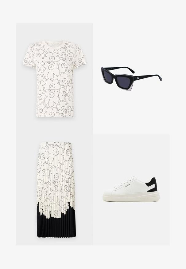 Bílé tričko s černým květinovým obrysovým vzorem, krátké rukávy, kulatý výstřih, měkká tkanina, rovný střih, minimalistický design.; Záhybová sukně s květinovým černobílým vzorem, s světlou horní částí s květy a pevným černým spodním lemem.; Bílé kožené tenisky s tlustou bílou podrážkou, černým semišovým akcentem na patě a vyraženým logem na boku. Šněrovací design se šesti očka.; Černé oversized sluneční brýle geometrického tvaru, s tmavými skly a kontrastním šedým detailem na rámu. Logo na rameni.