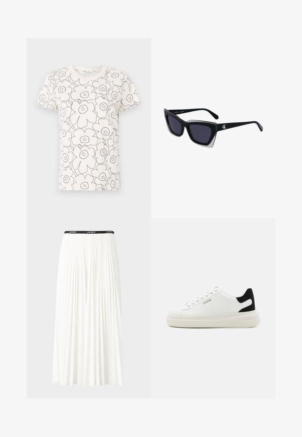 Valge T-särk musta lillemustriga, lühikesed varrukad, ümmargune kaelus, pehme kangas, sirge lõige, minimalistlik disain.; Kurtitudega valge seelik musta elastse vööga, millel on "LACOSTE" logo. Keskmise pikkusega disain pehme tekstuuriga.; Valged nahast tennisetossud paksu valge tallaga, musta sametist kontsakeeuga ja külje peal riigilogo reljeefne kujundus. Lukkeskeem kuue silmaauguga.; Mustad suured mustad prillid geomeetrilise kujuga, tumedate läätsedega ja kontrastse halli detailiga raamidel. Logo käe peal.