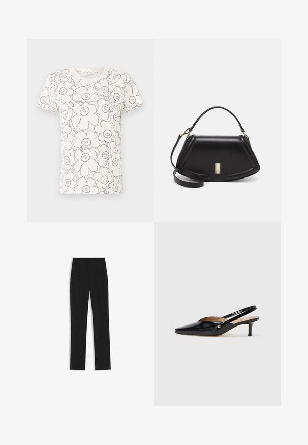 Biała koszulka z czarnym wzorem kwiatowym w konturach, krótki rękaw, okrągły dekolt, miękka tkanina, prosty krój, minimalistyczny design.; Czarne spodnie o dopasowanym kroju z prostymi nogawkami, z przednimi kieszeniami i gładką, teksturowaną tkaniną. Schludne, minimalistyczne wykończenie.; Czarne lakierowane szpilki slingback o spiczastym nosku, z małym obcasem i wycięciem na wierzchu. Złote akcenty na boku.; Czarna skórzana torebka o strukturalnym designie, z przyciętą formą, górnym uchwytem i złotymi akcentami. W zestawie regulowany pasek na ramię.