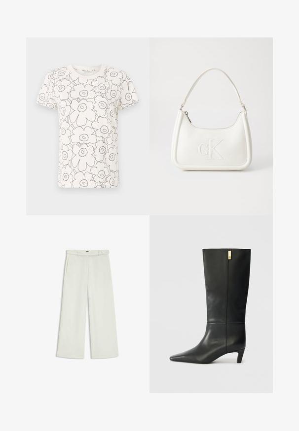 White T-shirt with black floral outline pattern, short sleeves, round neck, soft fabric, straight fit, minimalistic design.; Wide-leg pants in light cream fabric, featuring side pockets, a flat front, and a single button closure at the waist. Smooth texture.; Black leather knee-high boot with a pointed toe and a small heel. Features a sleek design with a gold accent detail. Smooth texture.; White leather handbag with a curved shape, featuring an embossed "CK" logo on the front and a single shoulder strap. Zipper closure at top.