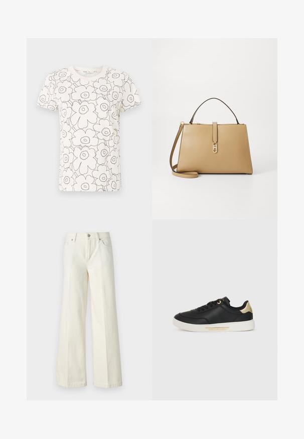 Hvid T-shirt med sort blomsterudføringsmønster, korte ærmer, rund hals, blødt stof, lige pasform, minimalistisk design.; Videbenede hvide jeans lavet af en blanding af bomuldsstof. Har en lynlås i fronten, fem lommer og syninger langs sømmene.; Sort lædersneaker med en glat overflade, hvid gummisål, guldaccenter på hælen og øjet, med et logo på siden.; Tommy Hilfiger LIBRE SATCHEL - Håndtasker - safari